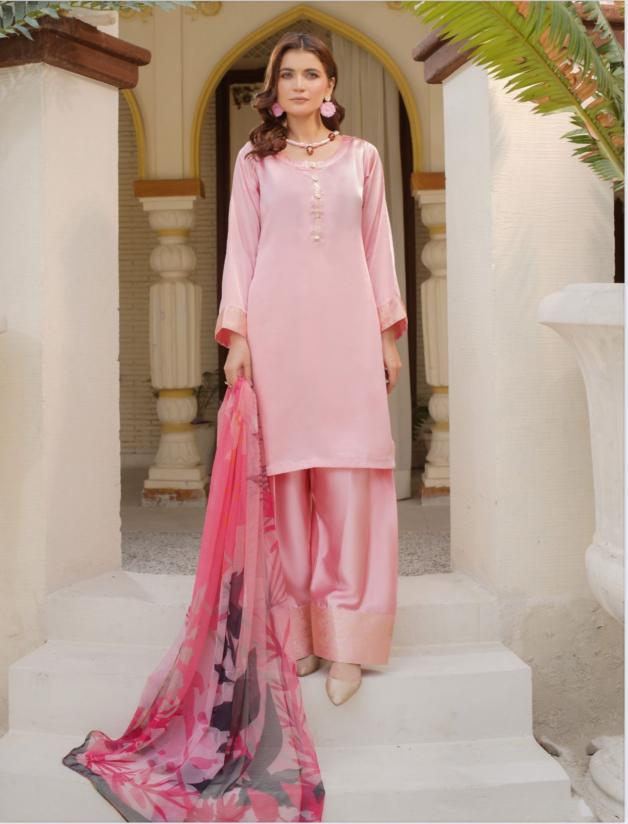 FARSHI SHALWAR Plain Silk 3 Piece Outfit With Printed Chiffon | Buy Pakistani Suits in United Kingdom | Image 1 of 4