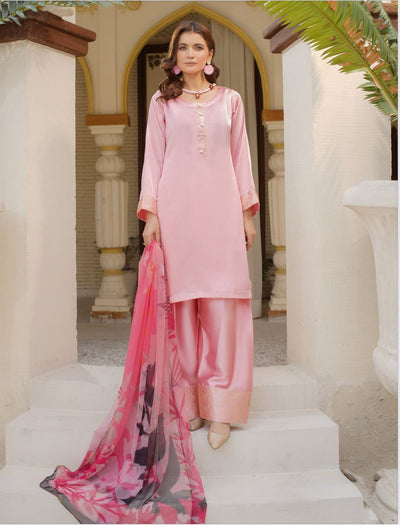 FARSHI SHALWAR Plain Silk 3 Piece Outfit With Printed Chiffon | Buy Pakistani Suits in United Kingdom | Image 1 of 4