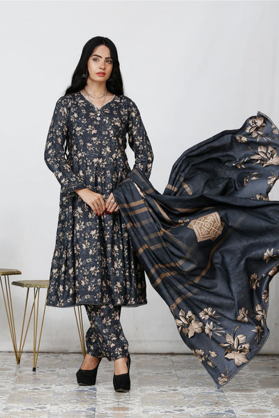 3 Pc Floral Printed Winter Linen Frock With Linen Dupatta D-701