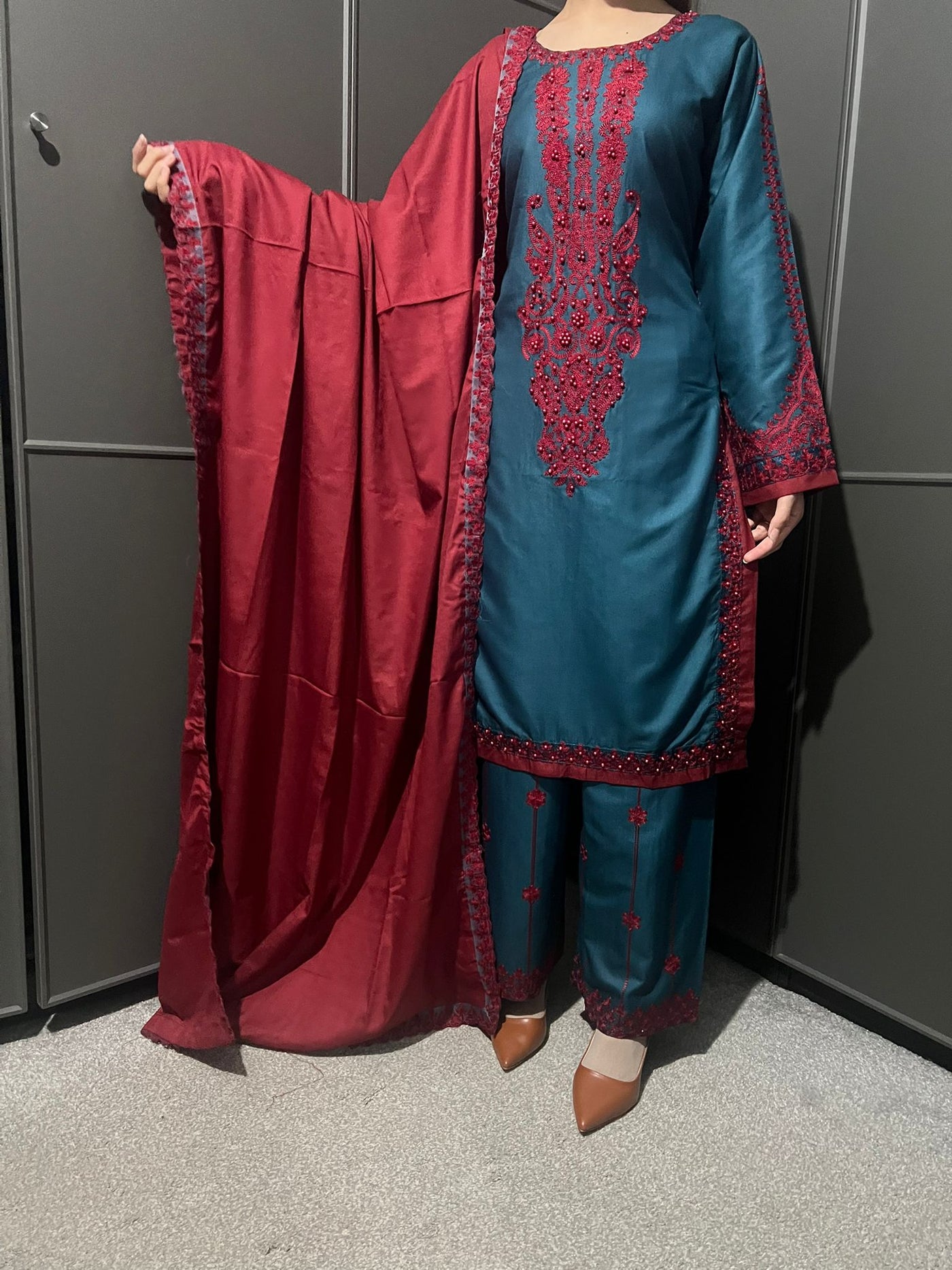 3 Pc Embroidered Dhanak Readymade Plazzo Suit with Winter shawl