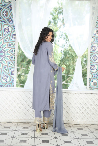 3 Pc Embroidered Readymade Stone Linen Suit Gray