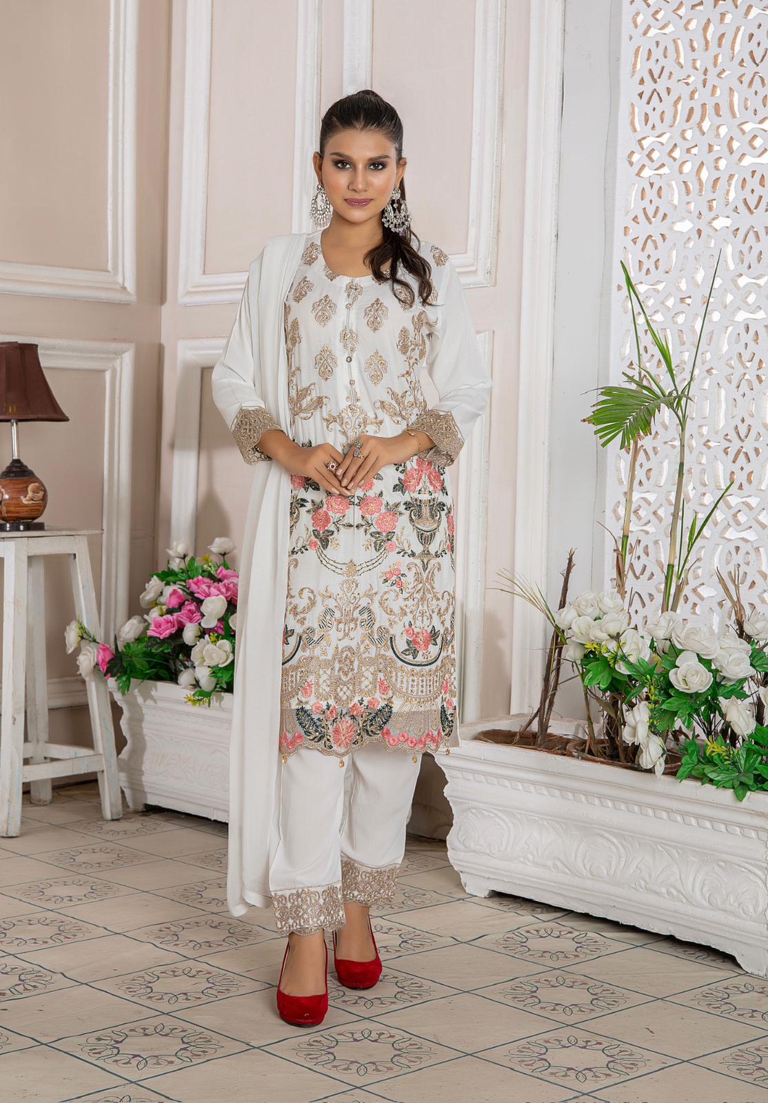 Embroidered Readymade Linen Mother & Daughter Suit WhiteTS-175 | Buy Pakistani Suits Online