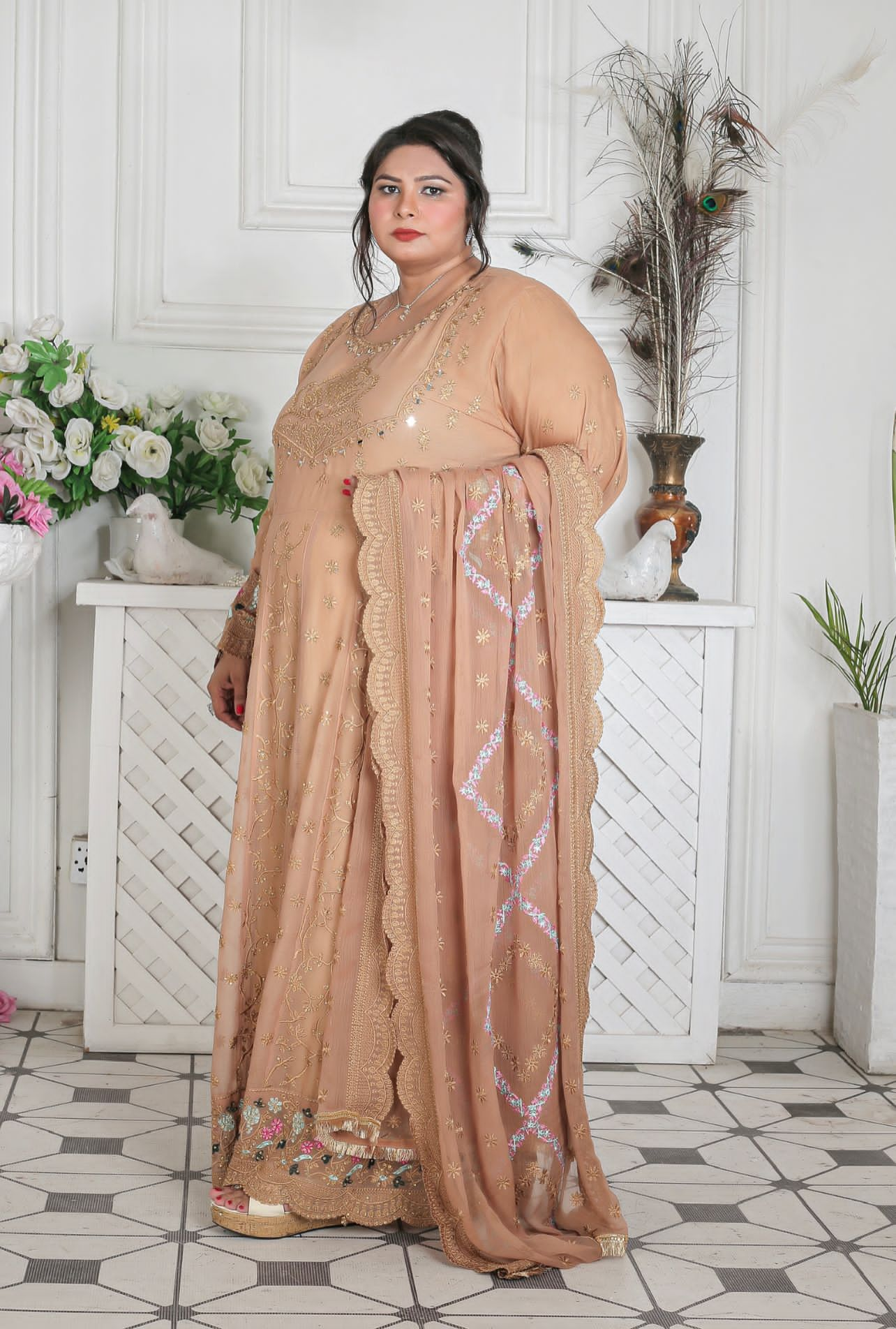 Brown  Ready to wear 3 piece Embroidered maxi dress