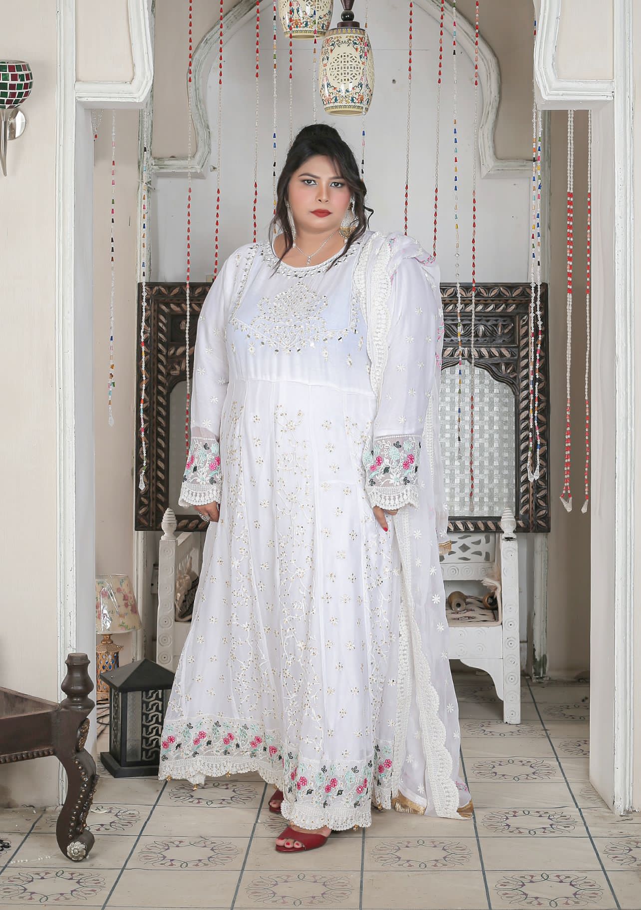 White Ready to wear 3 piece Embroidered maxi dress