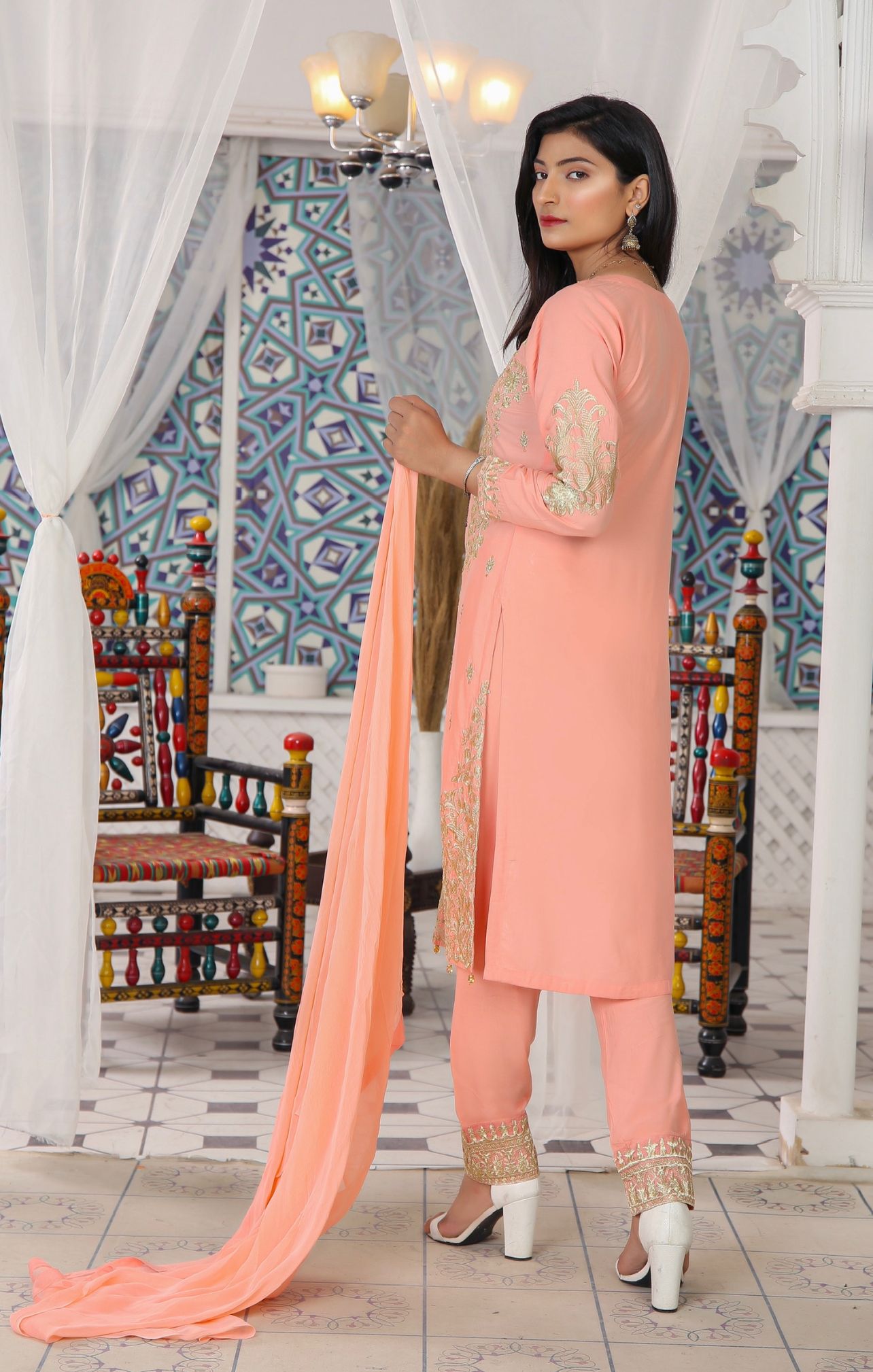 3 Pc Embroidered Readymade Stone Linen Suit Peach | Shop Pakistani Dresses Media 3 of 6