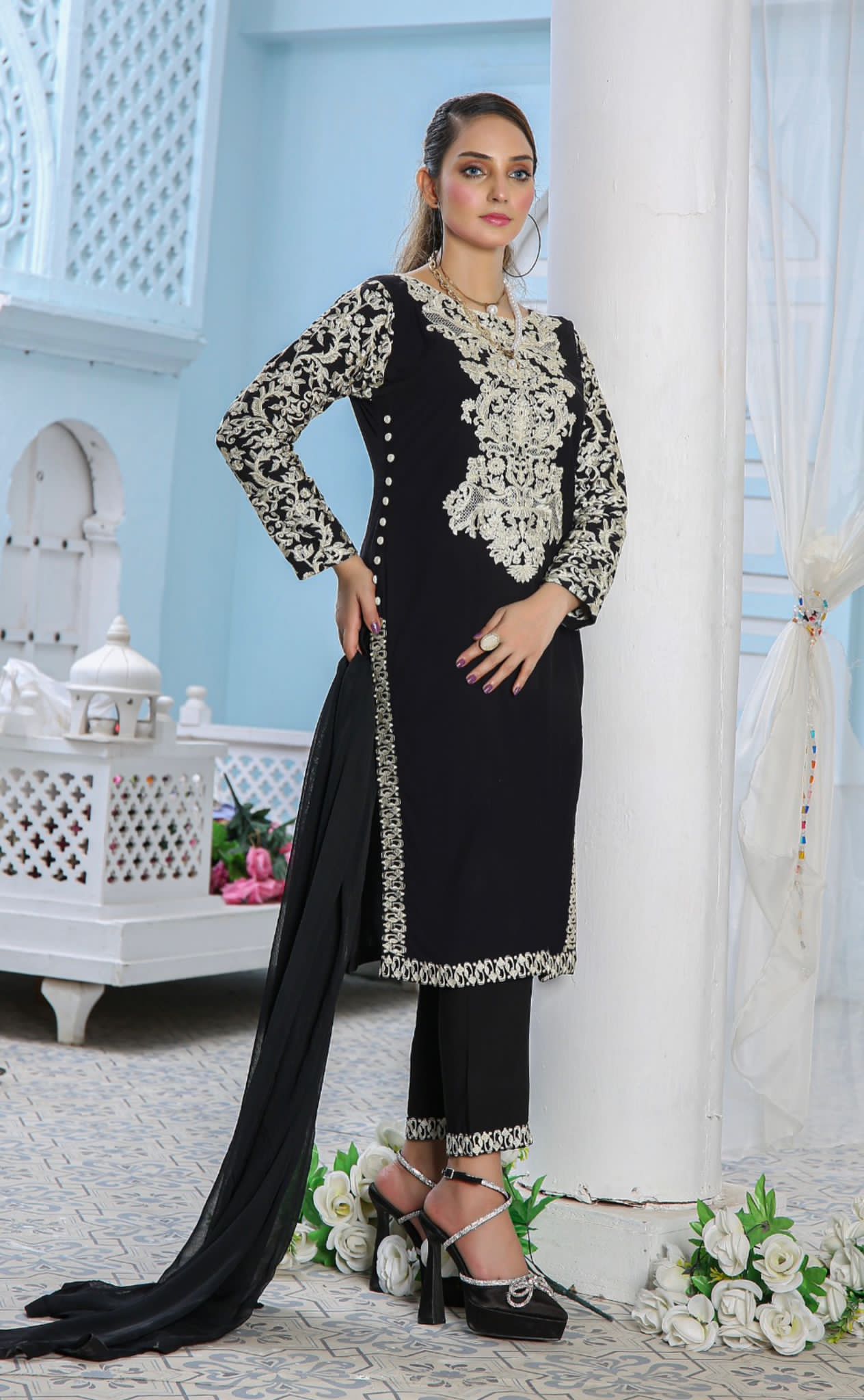 Embroidered Readymade Linen Mother & Daughter Suit Black Media 5 of 5