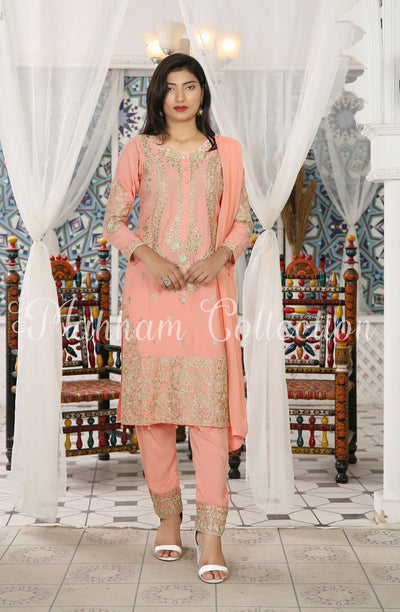 3 Pc Embroidered Readymade Stone Linen Suit Peach | Shop Pakistani Dresses Media 2 of 6
