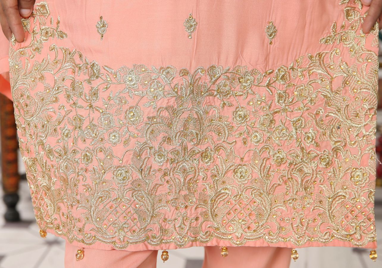 3 Pc Embroidered Readymade Stone Linen Suit Peach | Shop Pakistani Dresses Media 4 of 6