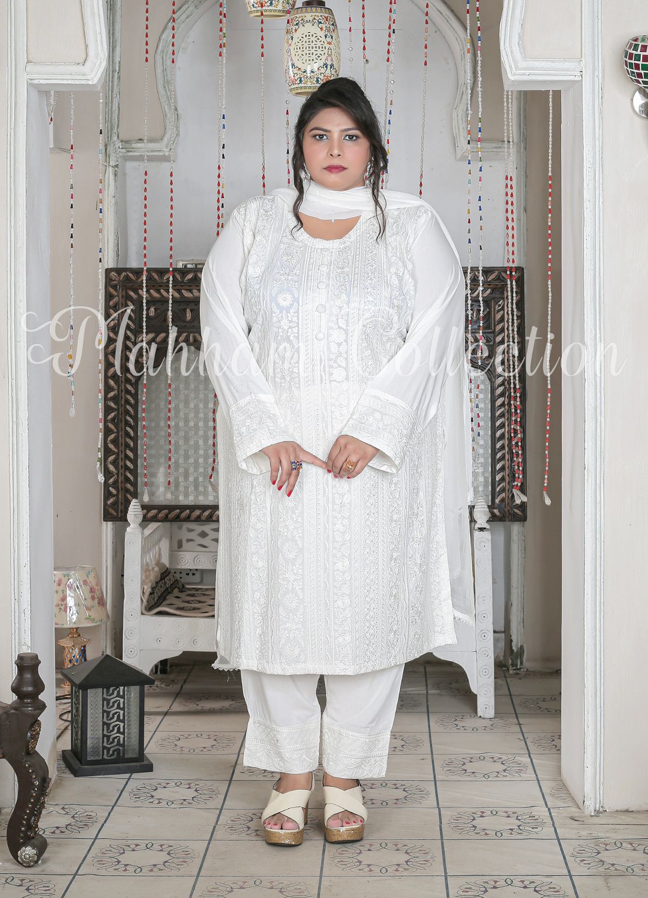 White 3 Pc Embroidered Readymade Linen Suit D-777