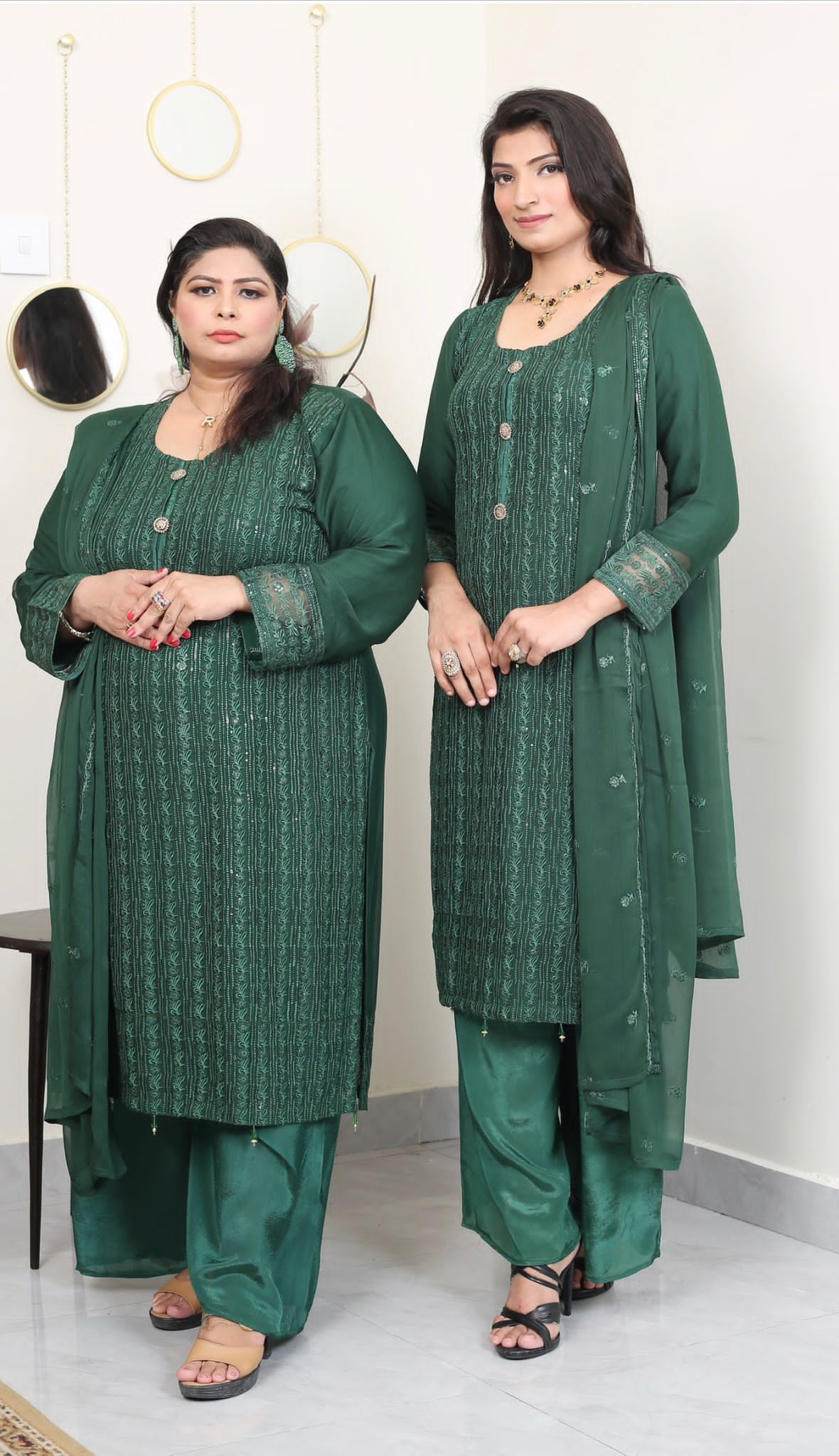 Green Embroidered chiffon Plazo suit