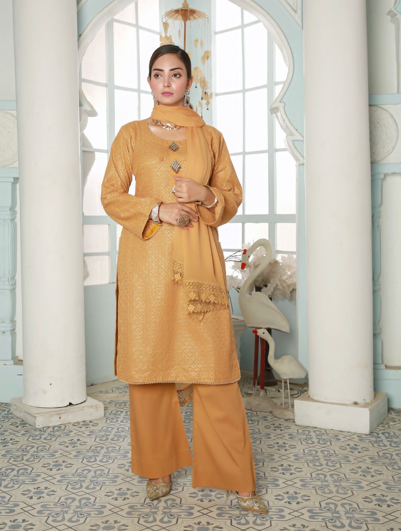 Stitched 3 Piece Chikankari Embroidered Plazo Suite With Chiffon Dupatta Mustard