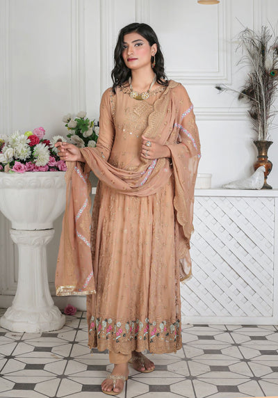 Brown  Ready to wear 3 piece Embroidered maxi dress