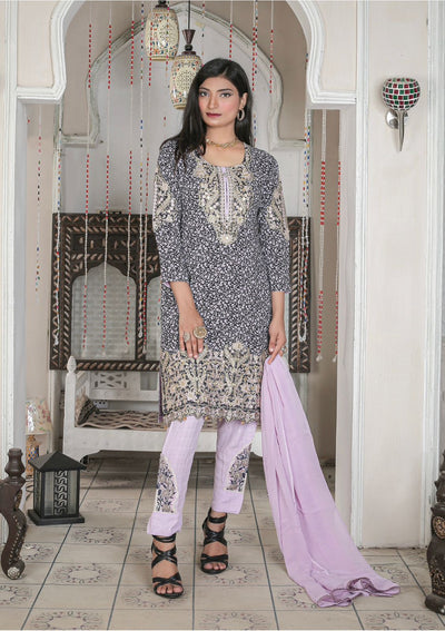 3 Pc Patch Work Printed Stone Linen Suit With Chiffon Dupatta