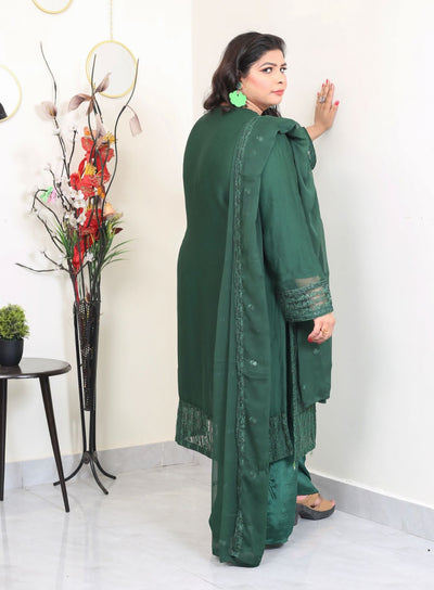 Green Embroidered chiffon Plazo suit