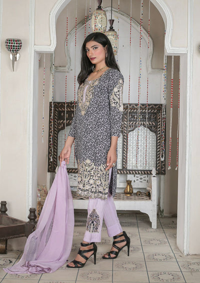 3 Pc Patch Work Printed Stone Linen Suit With Chiffon Dupatta