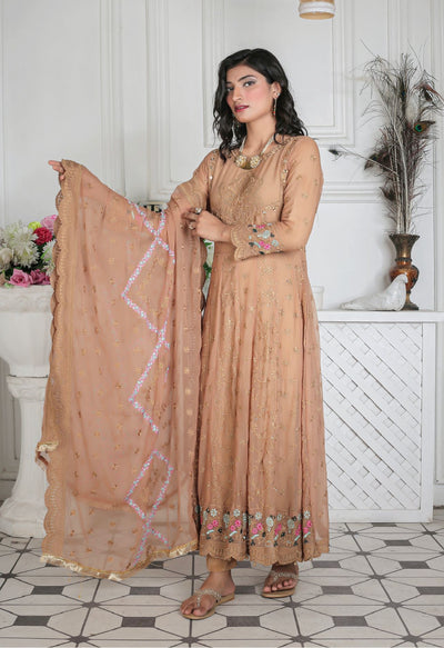 Brown  Ready to wear 3 piece Embroidered maxi dress