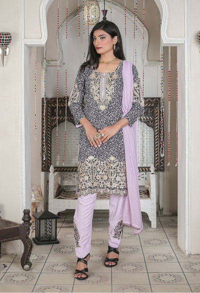 3 Pc Patch Work Printed Stone Linen Suit With Chiffon Dupatta