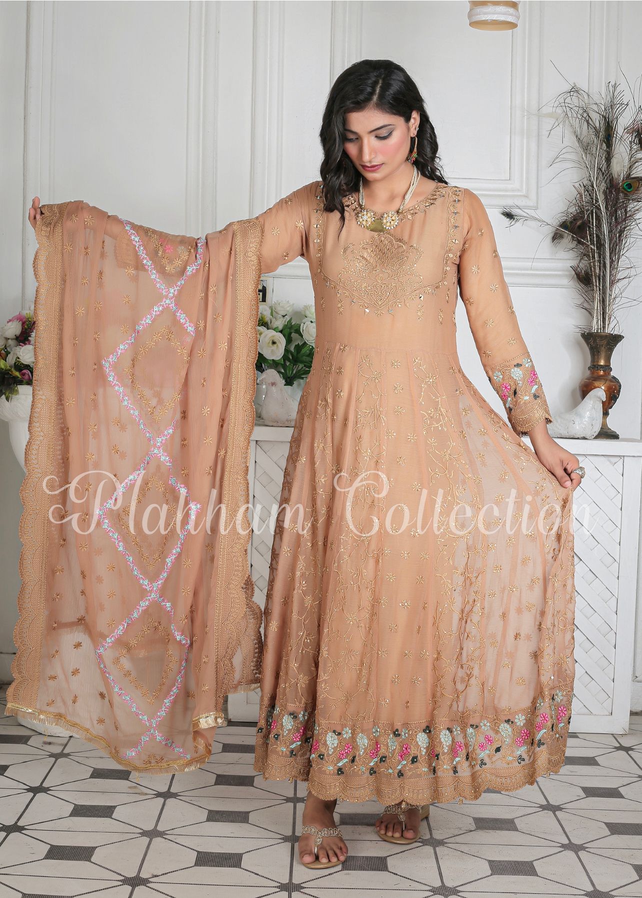 Brown  Ready to wear 3 piece Embroidered maxi dress