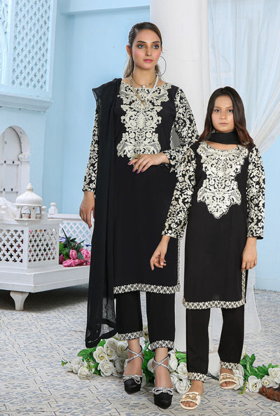 Embroidered Readymade Linen Mother & Daughter Suit Black Media 1 of 5