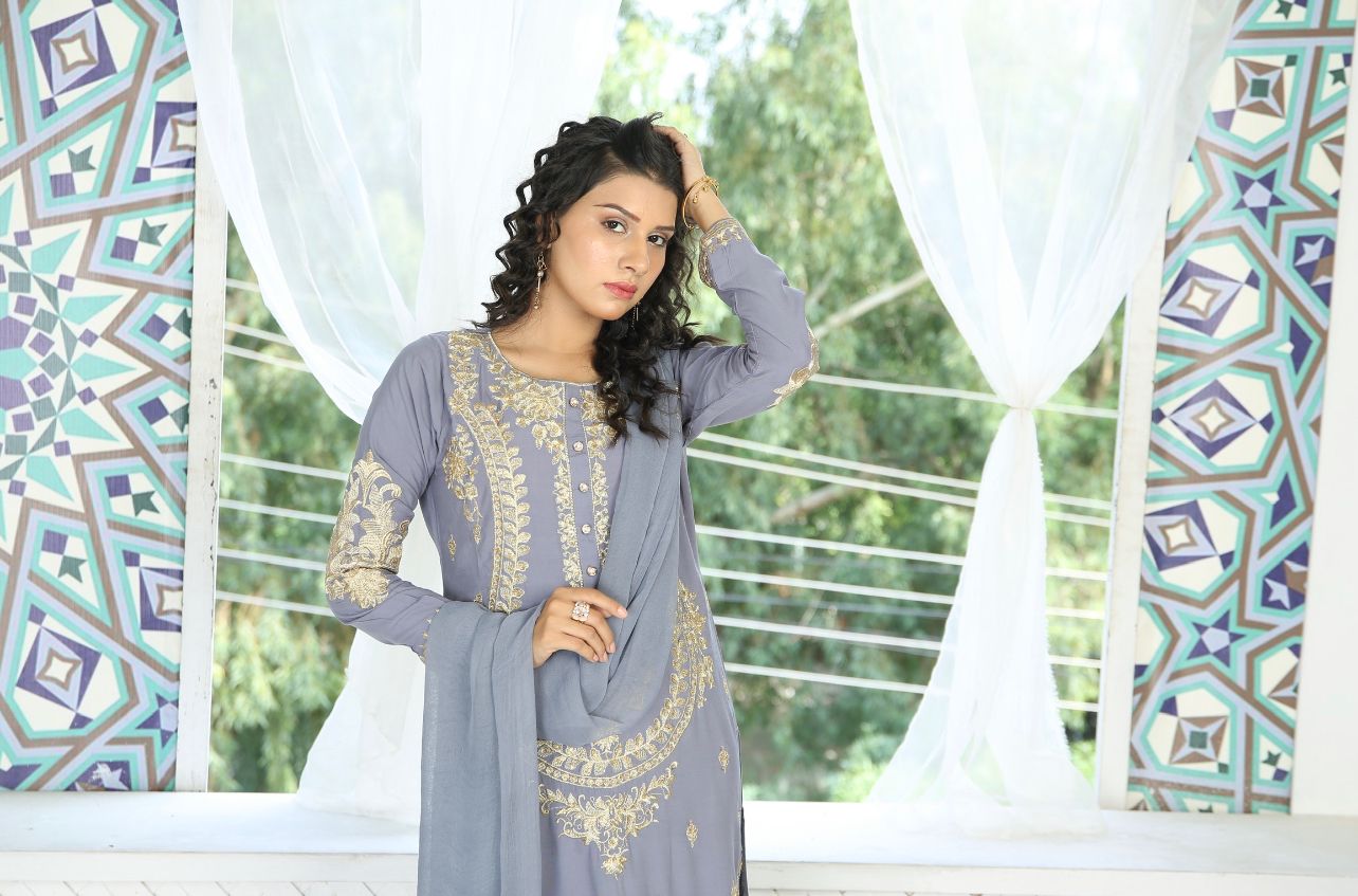 3 Pc Embroidered Readymade Stone Linen Suit Gray TS-103