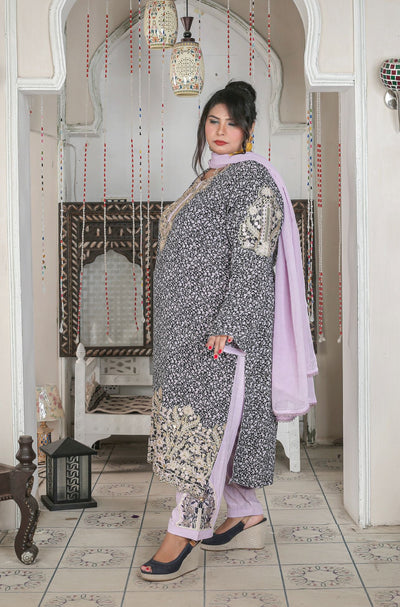 3 Pc Patch Work Printed Stone Linen Suit With Chiffon Dupatta