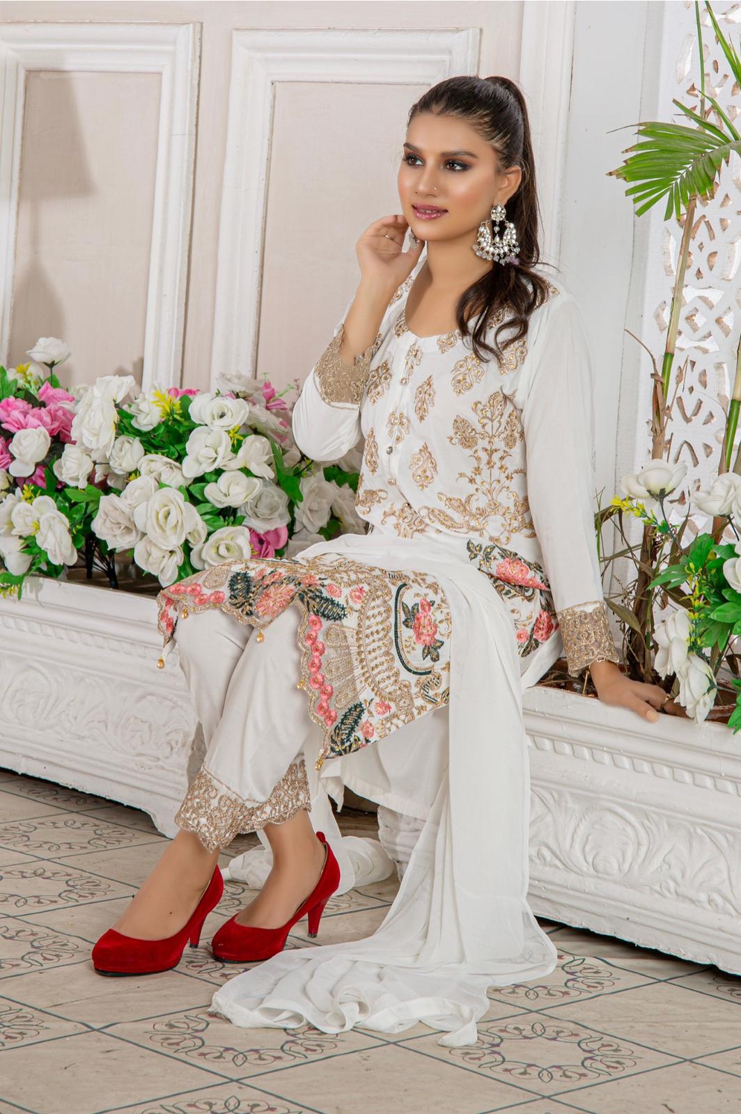 Embroidered Readymade Linen Mother & Daughter Suit WhiteTS-175 | Buy Pakistani Suits Online