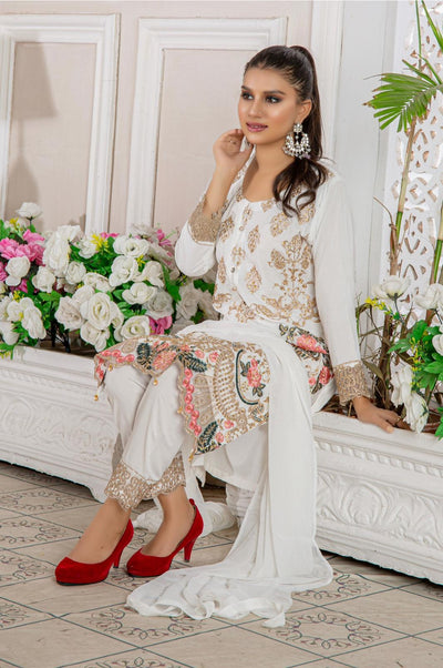 Embroidered Readymade Linen Mother & Daughter Suit WhiteTS-175 | Buy Pakistani Suits Online