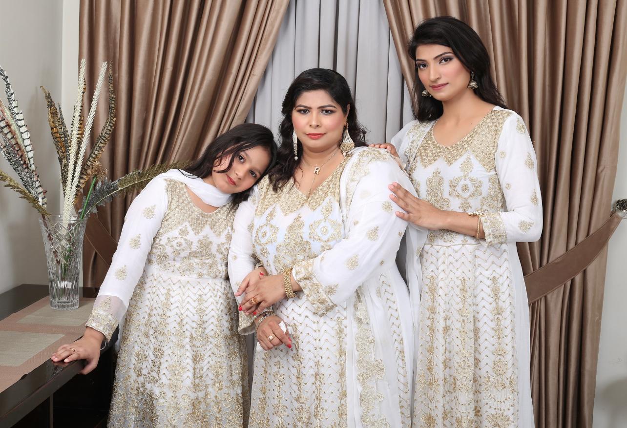 White Mother & Daughter  Ready to wear 3 piece Embroidered maxi dress