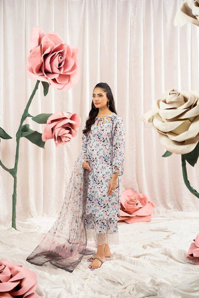 3 Pc Digital printed lawnkari Suit With Organza Dupatta D-1604