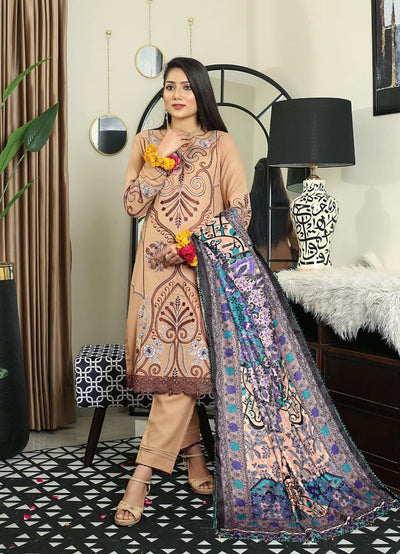 3 PIECE EMBROIDERED DHANAK READY TO WEAR TROUSER SUIT BEIGE D-177