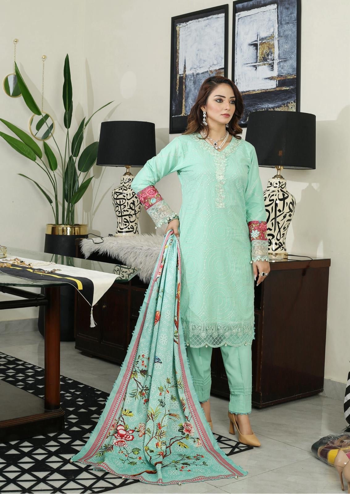 3 PIECE EMBROIDERED DHANAK READY TO WEAR TROUSER SUIT MINT GREEN  D-184