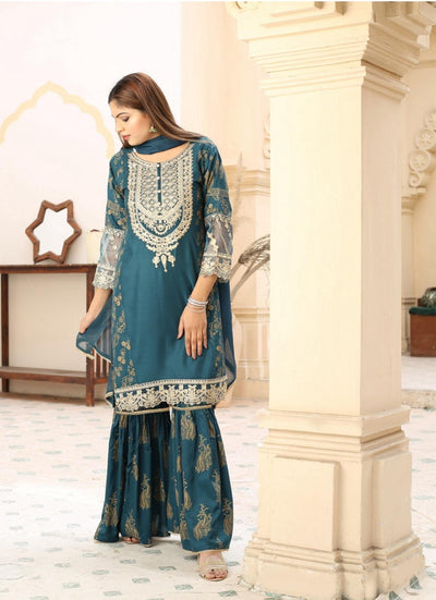 Embroidered Linen Sharara Suit With Chiffon Dupatta Teal D-172