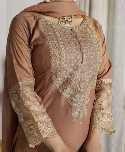 Embroidered Linen Sharara Suit With Chiffon Dupatta Beige D-171