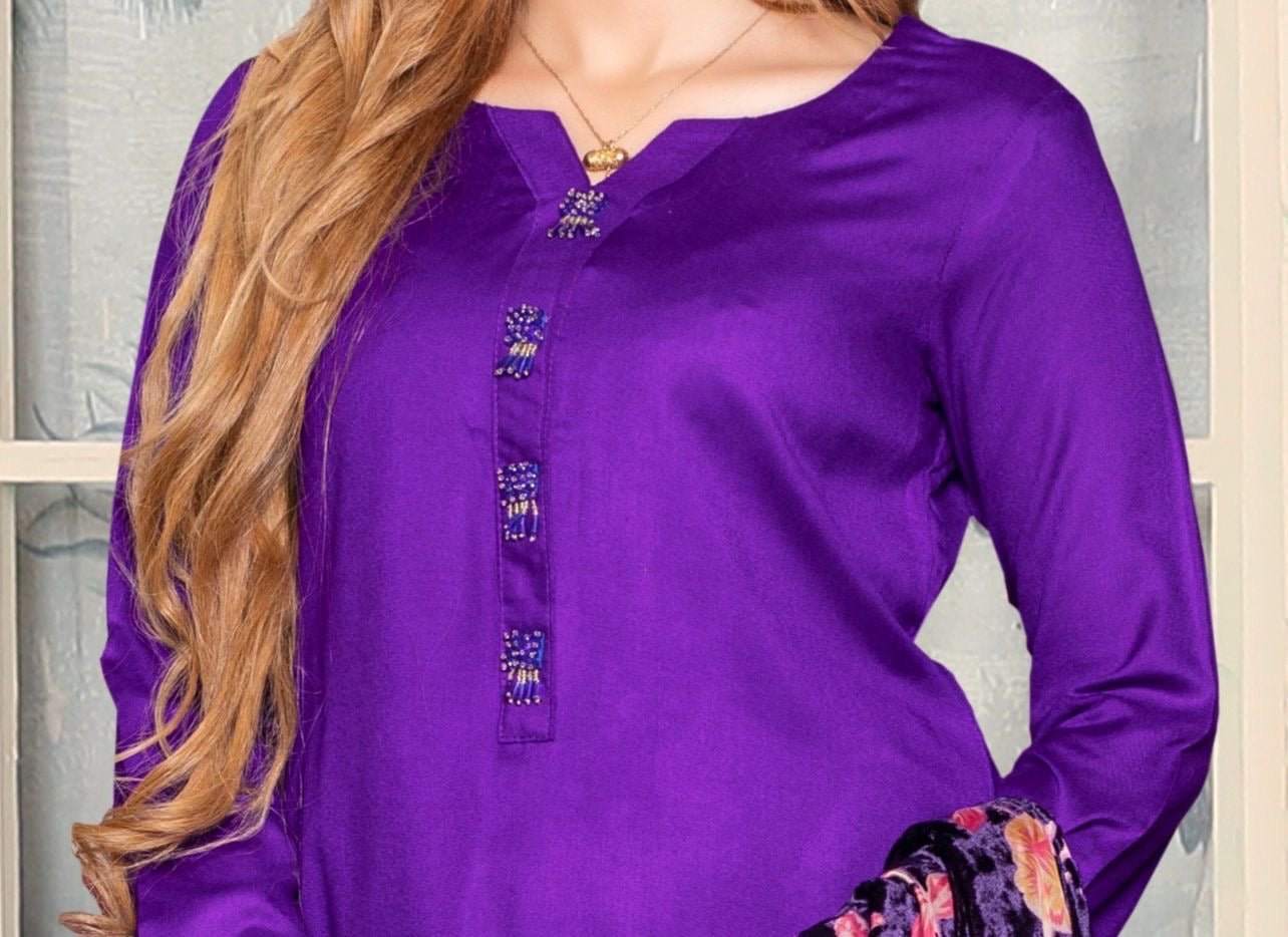 Cadbury Purple - 3 Piece Dhanak  Suit With Velvet Palachi Shawl
