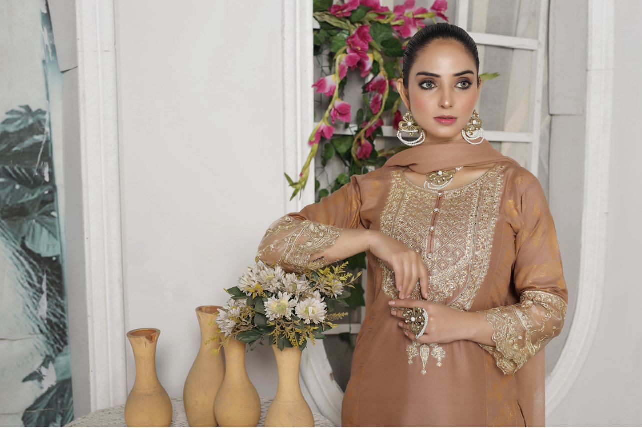 Embroidered Linen Sharara Suit With Chiffon Dupatta Beige D-171