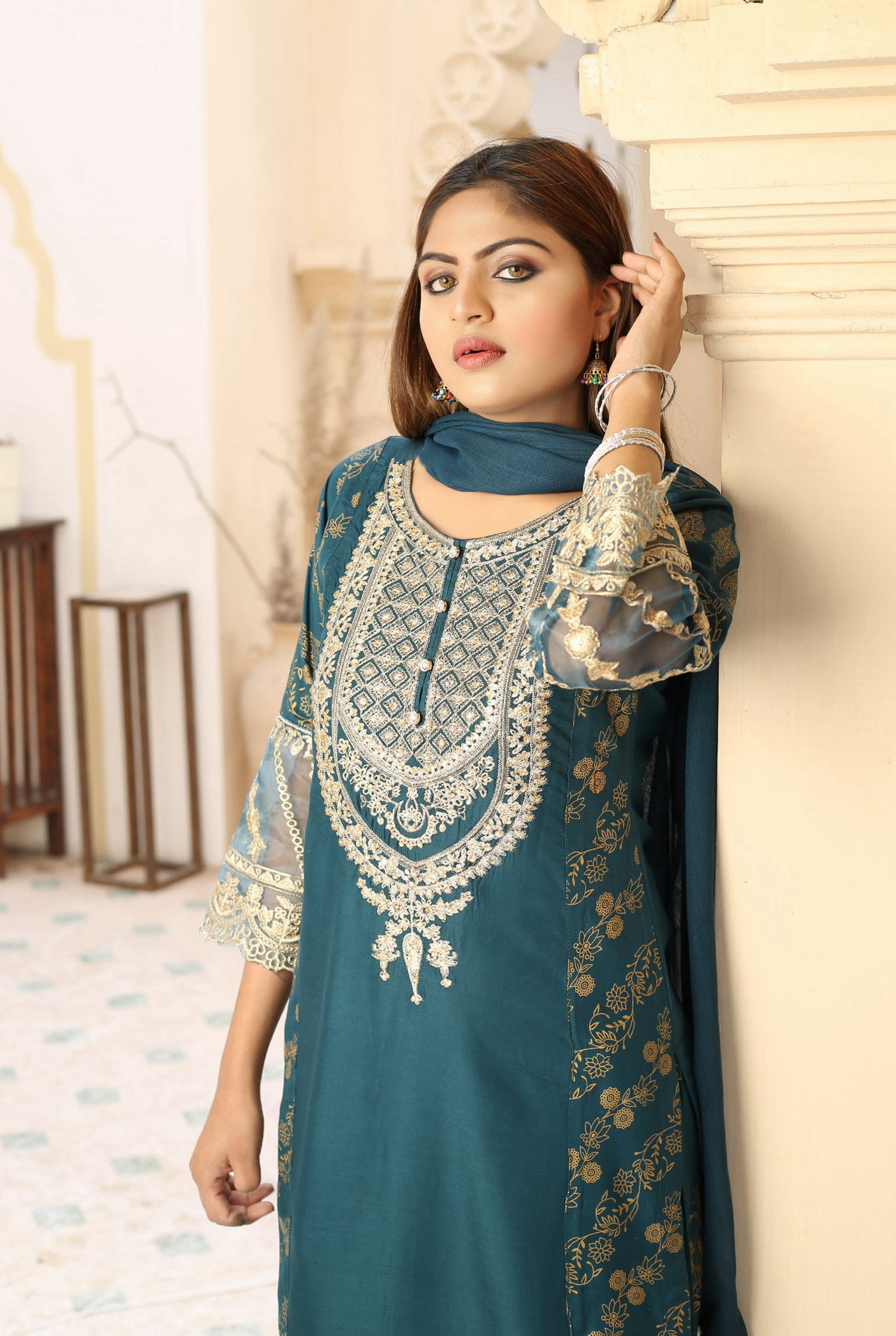 Embroidered Linen Sharara Suit With Chiffon Dupatta Teal D-172