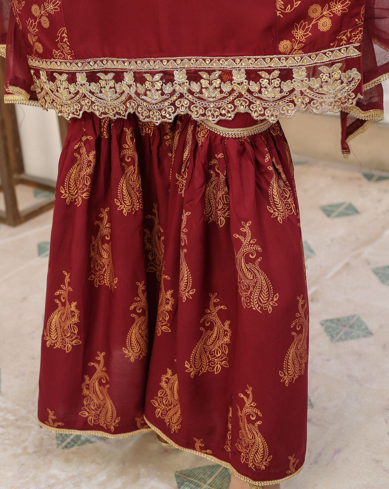 Embroidered Linen Sharara Suit With Chiffon Dupatta Maroon D-173