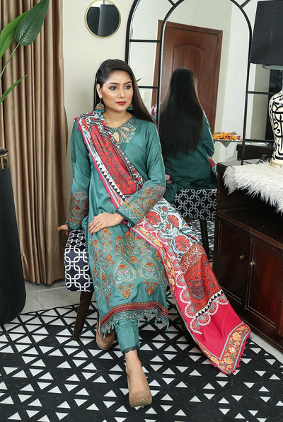 3 PIECE EMBROIDERED DHANAK READY TO WEAR TROUSER SUIT GREEN D- 178