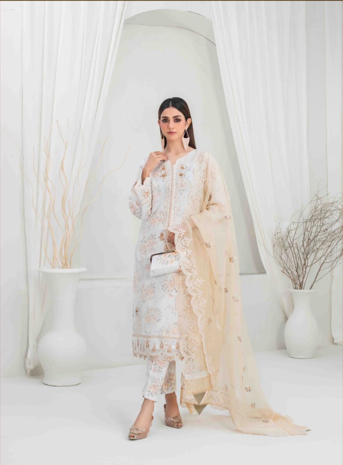 TAWAKKAL STITCHED EMBROIDERD ORGANZA FANCY EID COLLECTION  D-1473
