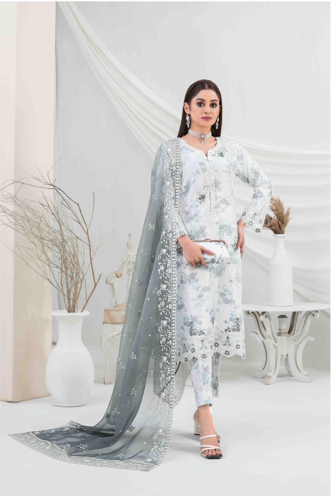 TAWAKKAL STITCHED EMBROIDERD ORGANZA FANCY EID COLLECTION  D-1477