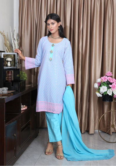 Stitched 3 Piece Chikankari Embroidered Suite With Chiffon Dupatta