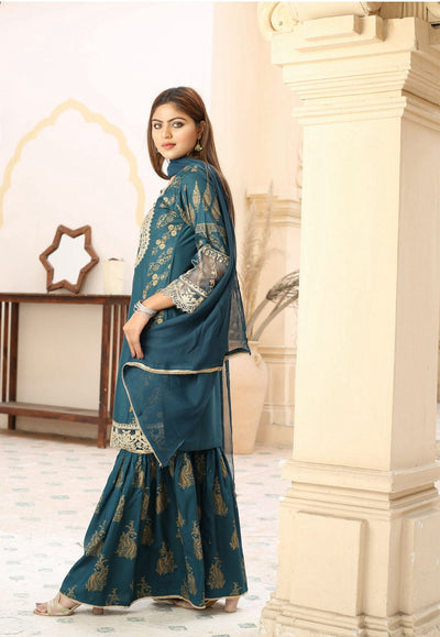 Embroidered Linen Sharara Suit With Chiffon Dupatta Teal D-172