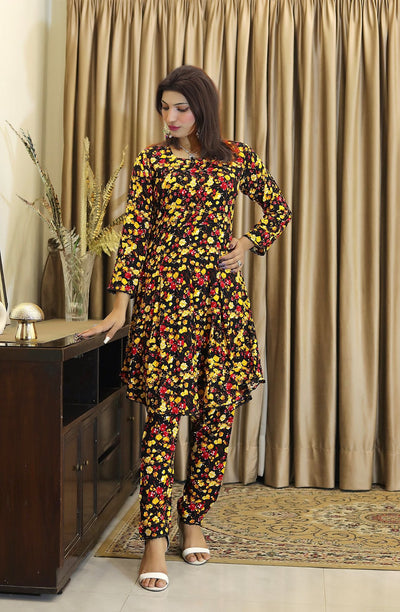 2 Piece Floral Printed Stone Linen Ladies  Co-ords Frock