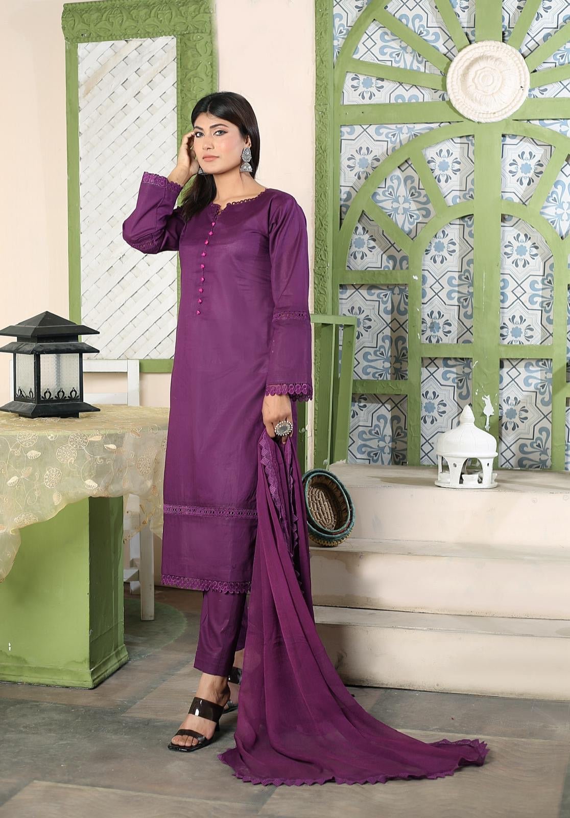 3-PIECE CAMBRIC LAWN  STITCHED SUIT PLUM -D 864