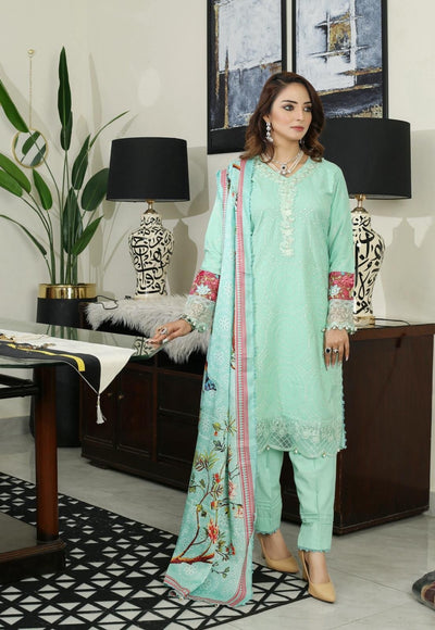 3 PIECE EMBROIDERED DHANAK READY TO WEAR TROUSER SUIT MINT GREEN  D-184