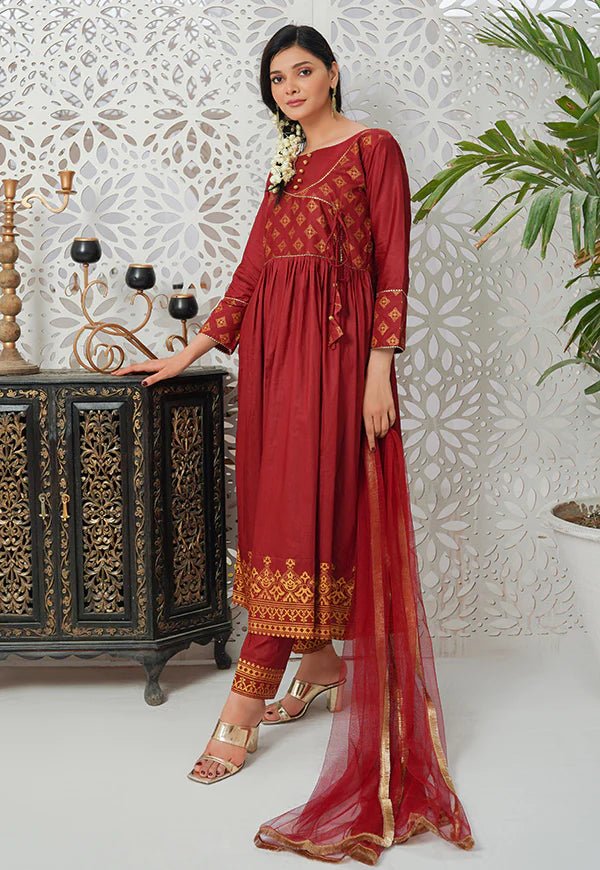 3 Pc Mother & Daughter Dress Print Lawn Ready To Wear Collection Maroon