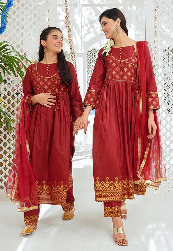 3 Pc Mother & Daughter Dress Print Lawn Ready To Wear Collection Maroon