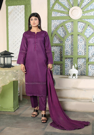 3-PIECE CAMBRIC LAWN  STITCHED SUIT PLUM -D 864