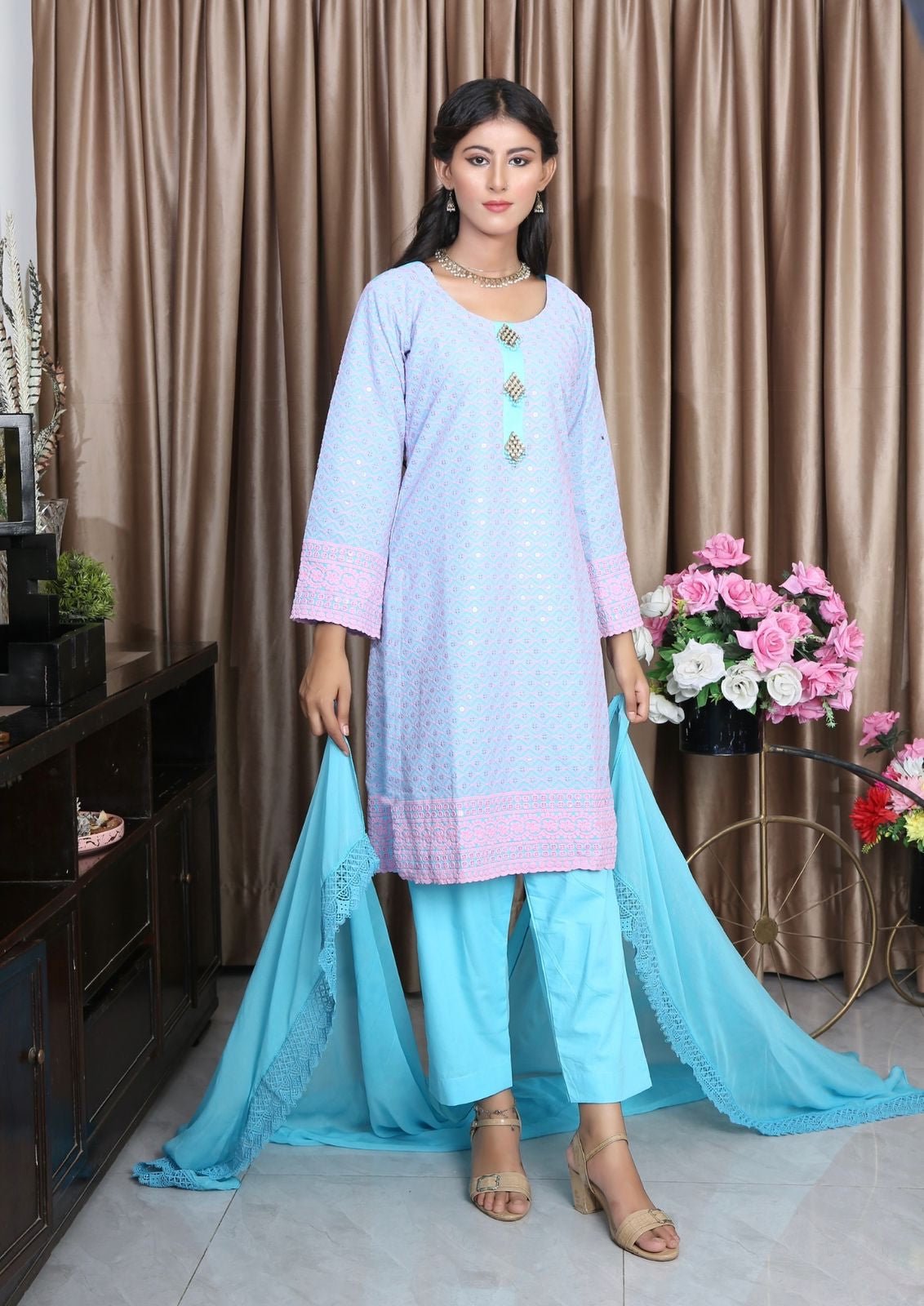 Stitched 3 Piece Chikankari Embroidered Suite With Chiffon Dupatta