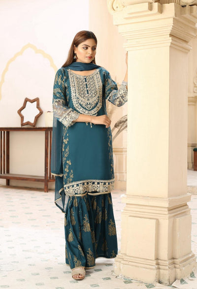 Embroidered Linen Sharara Suit With Chiffon Dupatta Teal D-172